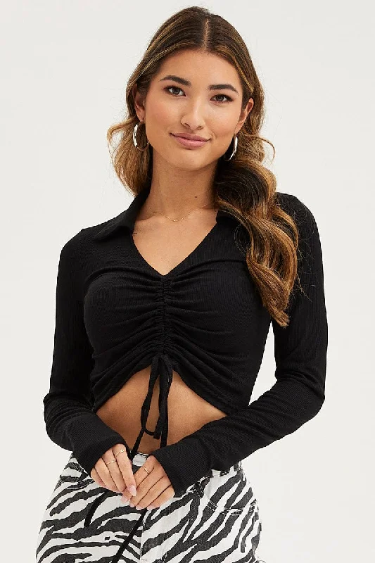 Black Ruched Top Long Sleeve