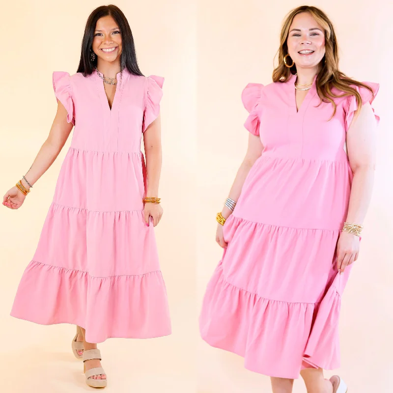 Magnolia Morning Ruffle Cap Sleeve Tiered Midi Dress in Pink