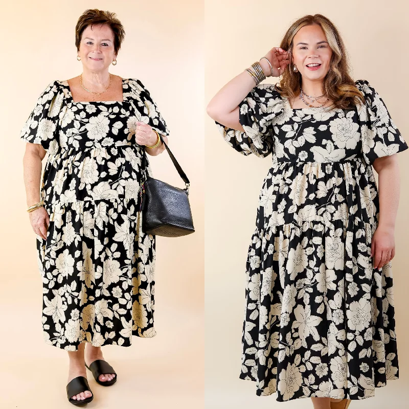 Floral Fascination Tiered Midi Dress in Black and White