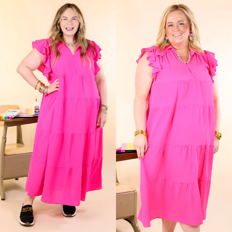 All Of A Sudden Tiered Midi Dress with Ruffle Cap Sleeves in Hot Pink