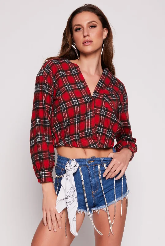 Spoon Jeans Plaid Faux Wrap Crop Top