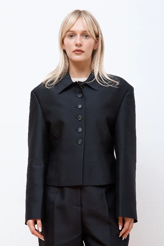 Wool Silk Button Up Jacket Black