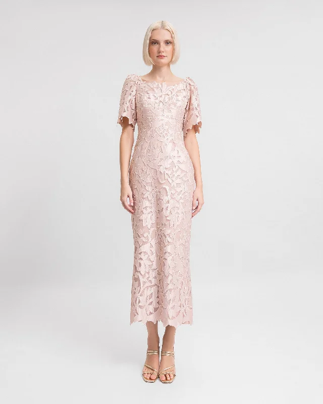 Embroidered Satin Midi Dress