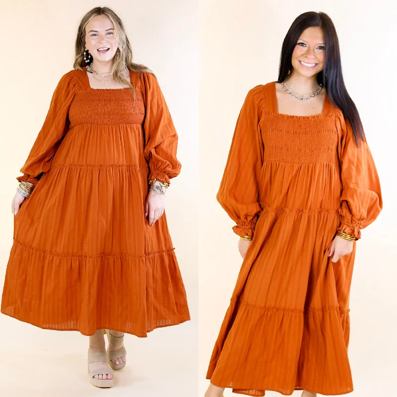 Sunshine And Cider Long Sleeve Tiered Midi Dress in Rust Orange