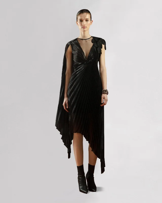 Asymmetrical Pleated Midi Dress