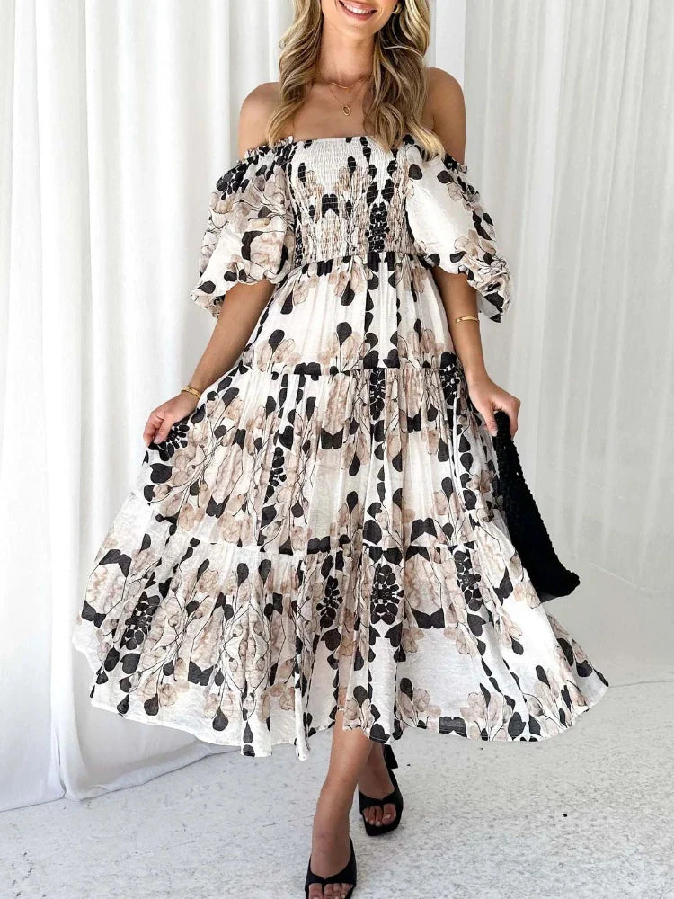 Summer Elegant Printed Women Backless Slash Neck Elastic High Waist Puff Sleeve Maxi Dress