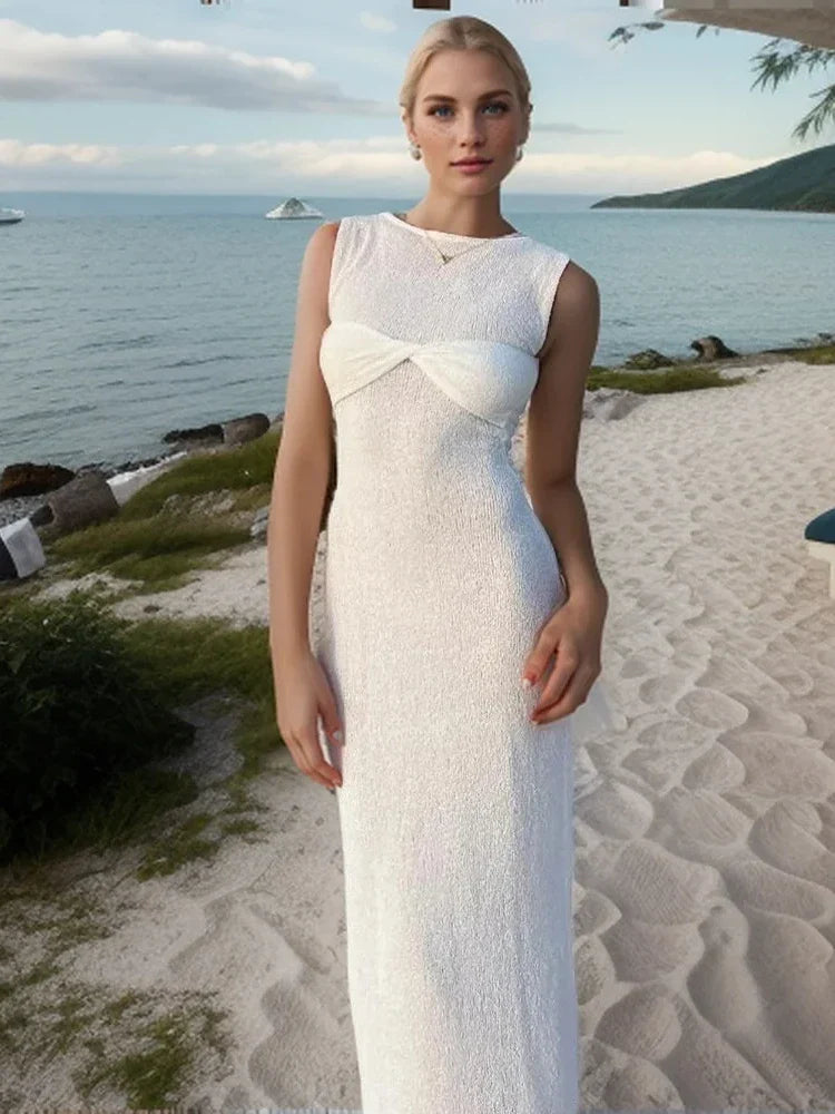 New Fashion Sexy Sleeveless Knitted O Neck Long Women Holiday Slim Fit Knit Beach Summer Maxi Dress