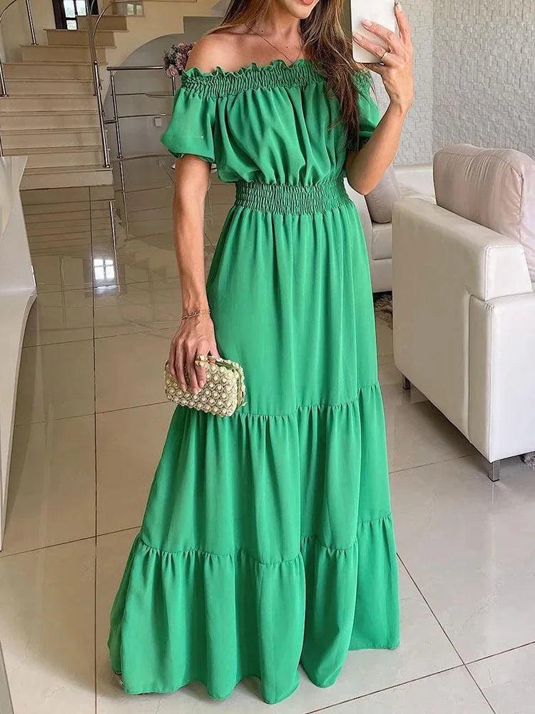 Off Shoulder Ruffles Summer Slash Neck Short Sleeve Elegant Maxi Dress