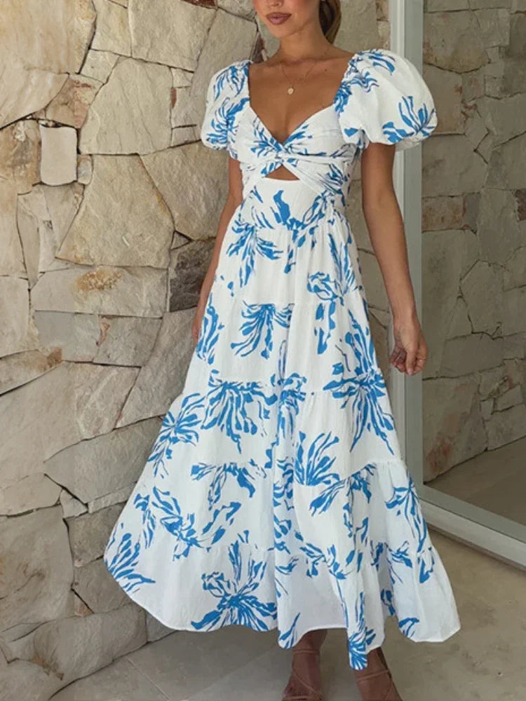 Vintage Slim-fit Printed Hollow Puff Sleeve Maxi Dress