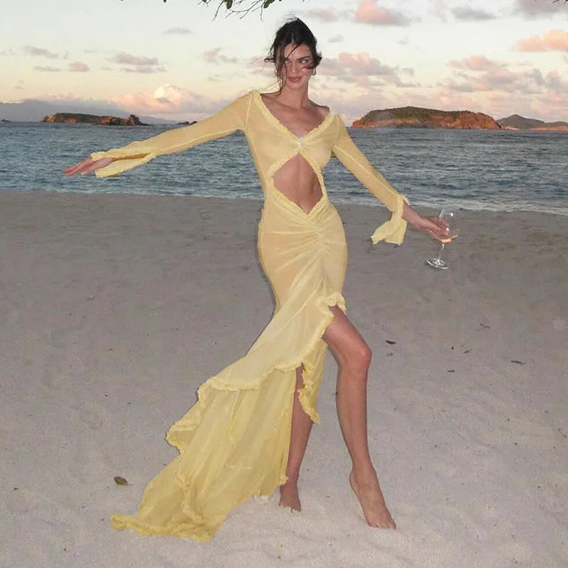 Elegant Yellow See Through Ruched Summer Long Sleeve Maxi Dress