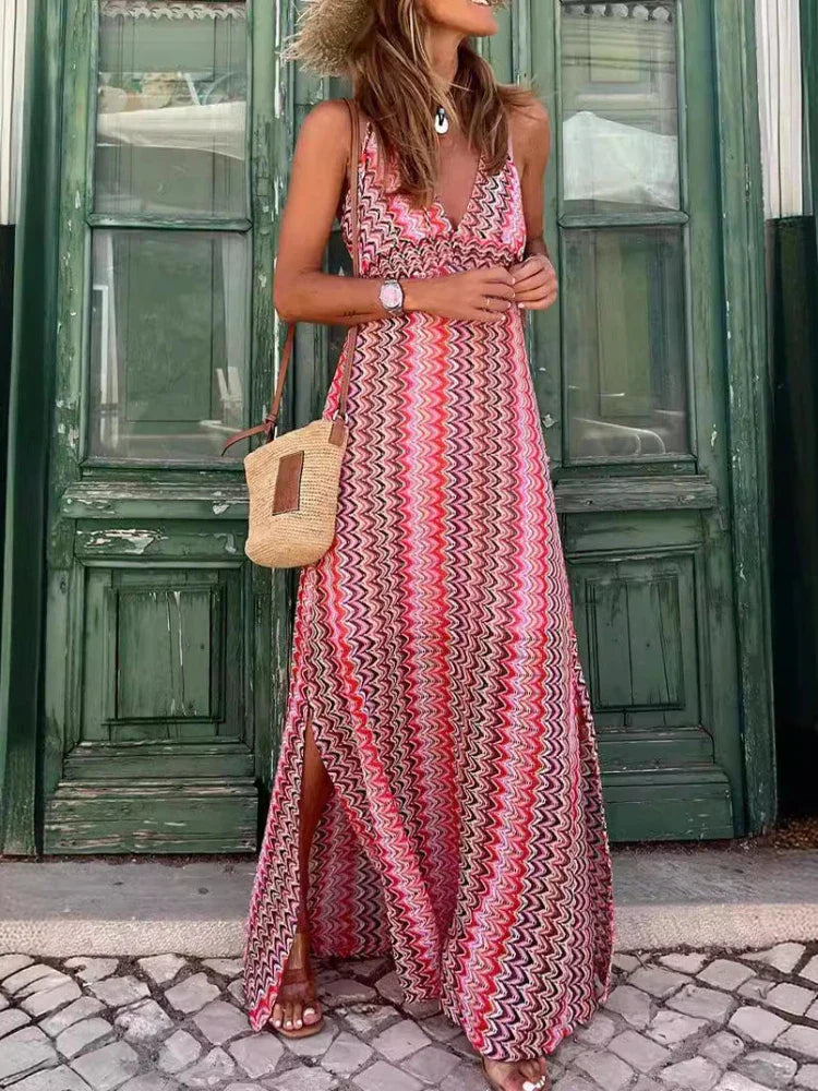 Holiday Printed Beach Long Women New Fashion Bohemian Printed V-Neck Sling Vintage Maxi Dress