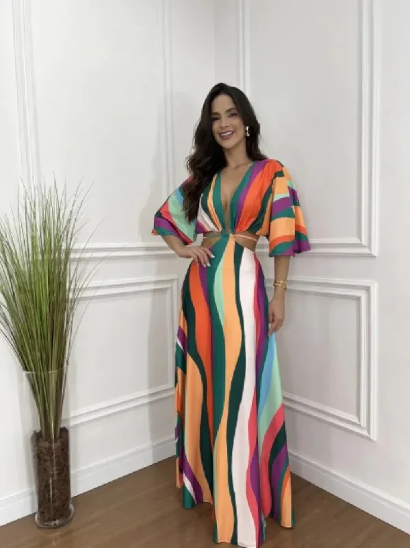 Women's Stripes V Neck Long Hollow Color-block Bat Sleeve Summer Holiday 2024 Maxi Dress