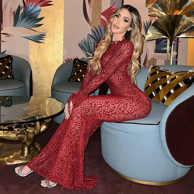 Red Leopard Sexy Mesh See Through Slim Flare Sleeve Party Maxi Dress