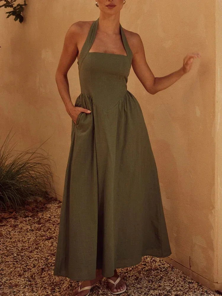 Fashion Elegant Long for Women New Wide Strap Halter Backless Maxi Dress