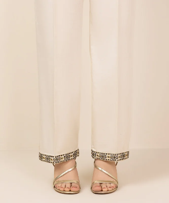 Embroidered Cotton Satin Pants