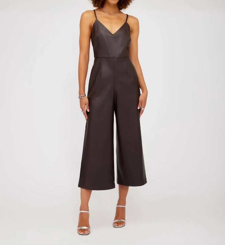 Faux Leather Cropped Jumpsuit In Brown