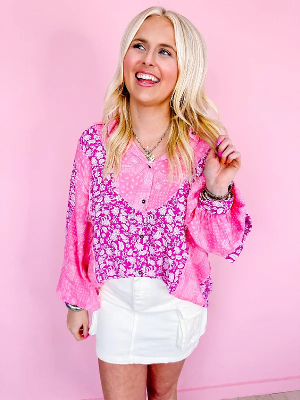 BANDANA BLOOMS COLORBLOCK BUTTON UP TOP