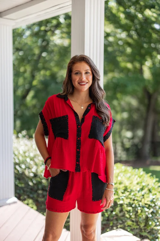 Colorblock Glam Red Rhinestone Top