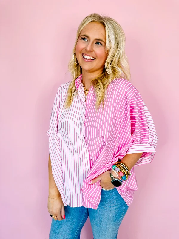 DOUBLE THE FUN COLOR BLOCK BUTTON UP TOP - PINK