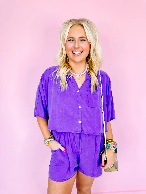 GWYN WASHED BUTTON UP TOP - PURPLE