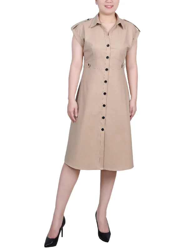 Short Sleeve Button Front Linen Dress