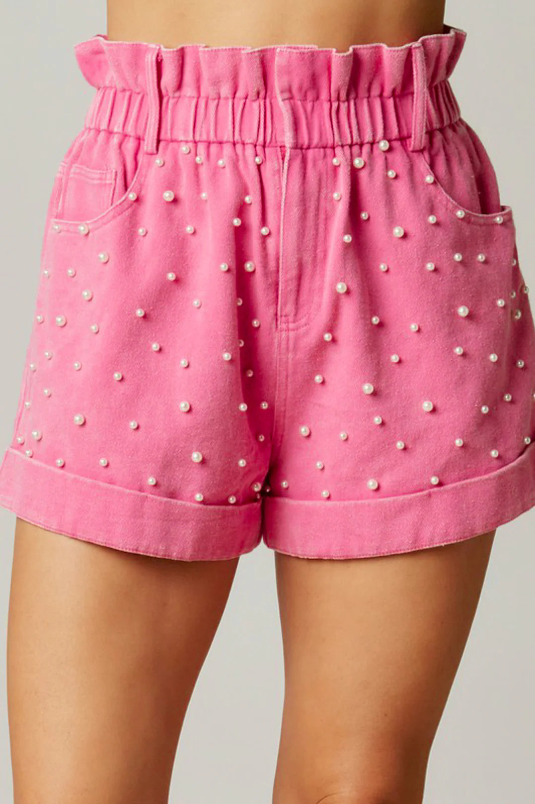 Pearl Beaded Pink Twill Shorts