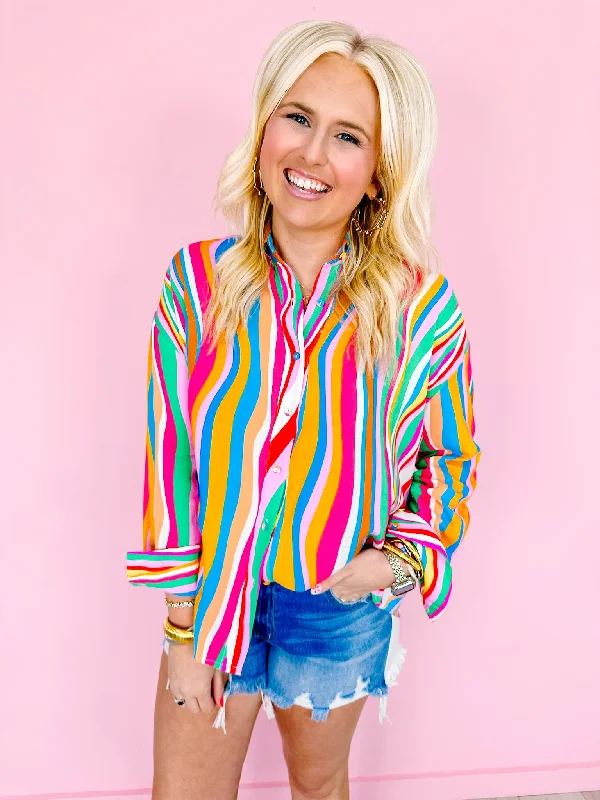 POP OF COLOR WAVY STRIPE BUTTON UP TOP