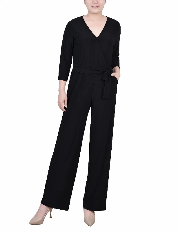 Petite 3/4 Sleeve Belted Jumpsuit