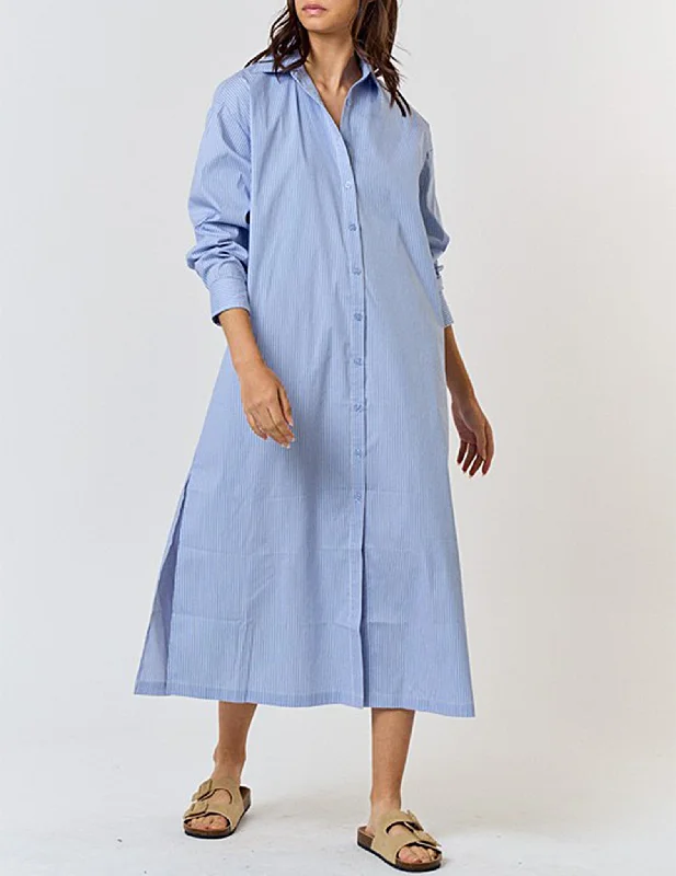 Serene Blue Striped A-Line Shirt Dress