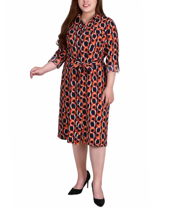 Plus Size Long Sleeve Roll Tab Shirtdress